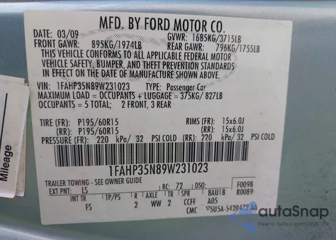 2009 Ford Focus Se из США, поврежденный, VIN 1FAHP35N89W231023